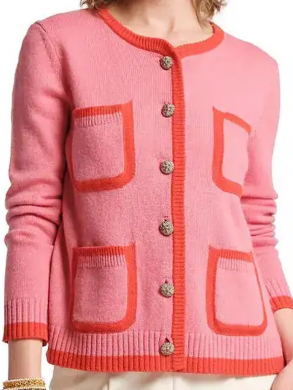 NWT, FRANCES VALENTINE, DARLING PIERRE SWEATER IN PINK WITH RED TRIM
